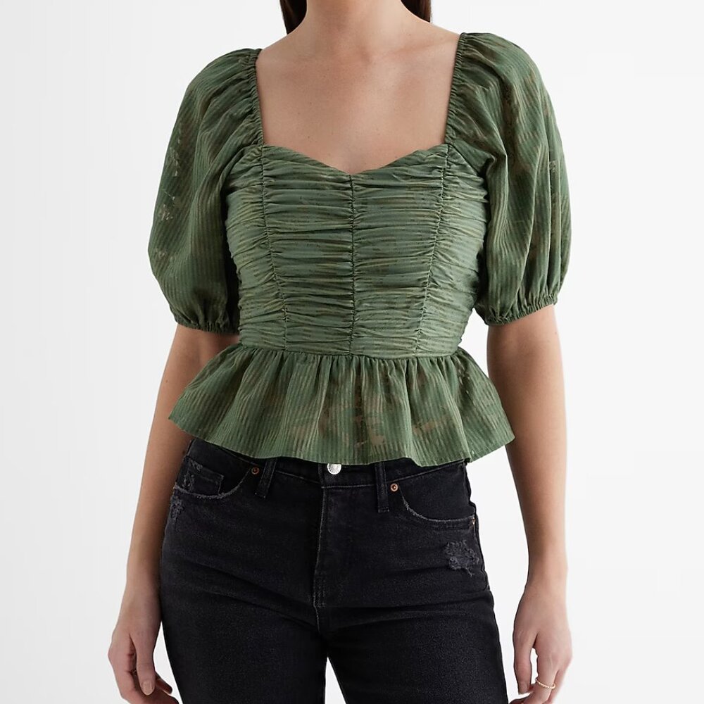 NWT Express Striped Floral Puff Sleeve Sweetheart Ruched Peplum Crop Top Size XS